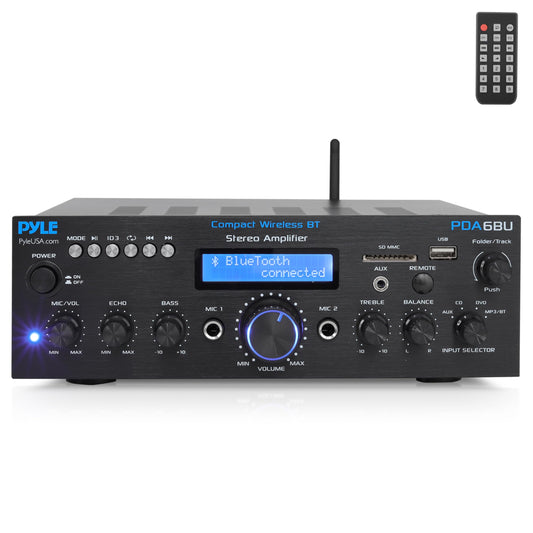 Pyle Wireless Bluetooth Power Amplifier System- 200W Dual Channel Sound Audio Stereo Receiver w/ USB, SD, AUX, MIC in w/ Echo, Radio, LCD, for Home