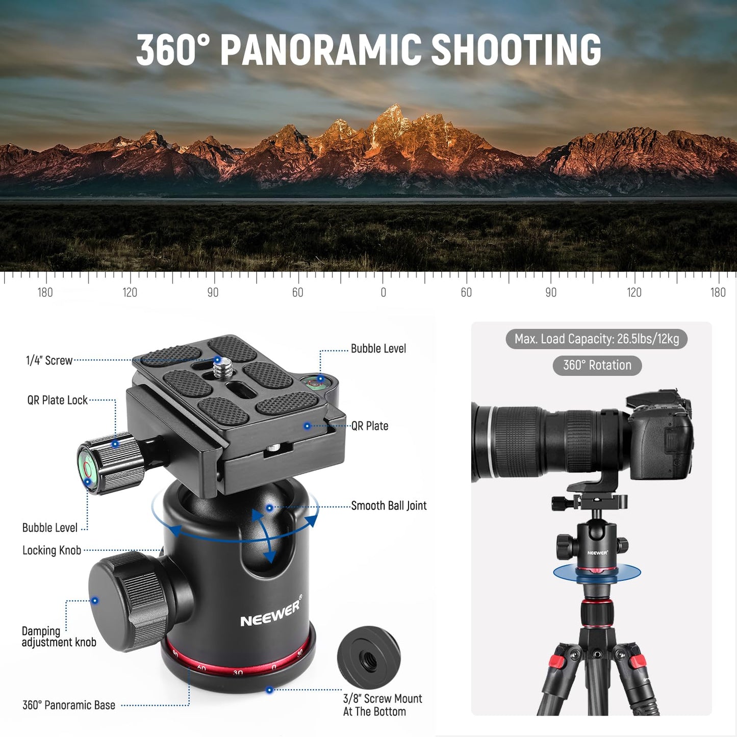 NEEWER 66"/168cm Carbon Fiber Tripod for Camera with 360° Panorama Ball Head, 1/4" Arca QR Plate, Portable Bag, Compact Travel Tripod Monopod for DSLR