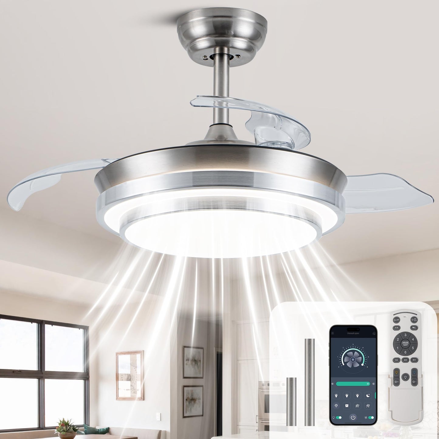 Bella Depot Retractable Ceiling Fan with Lights and Remote with 3 Color Change, Timing Options, Silent Noiseless for Dining Room Bedroom Kitchen