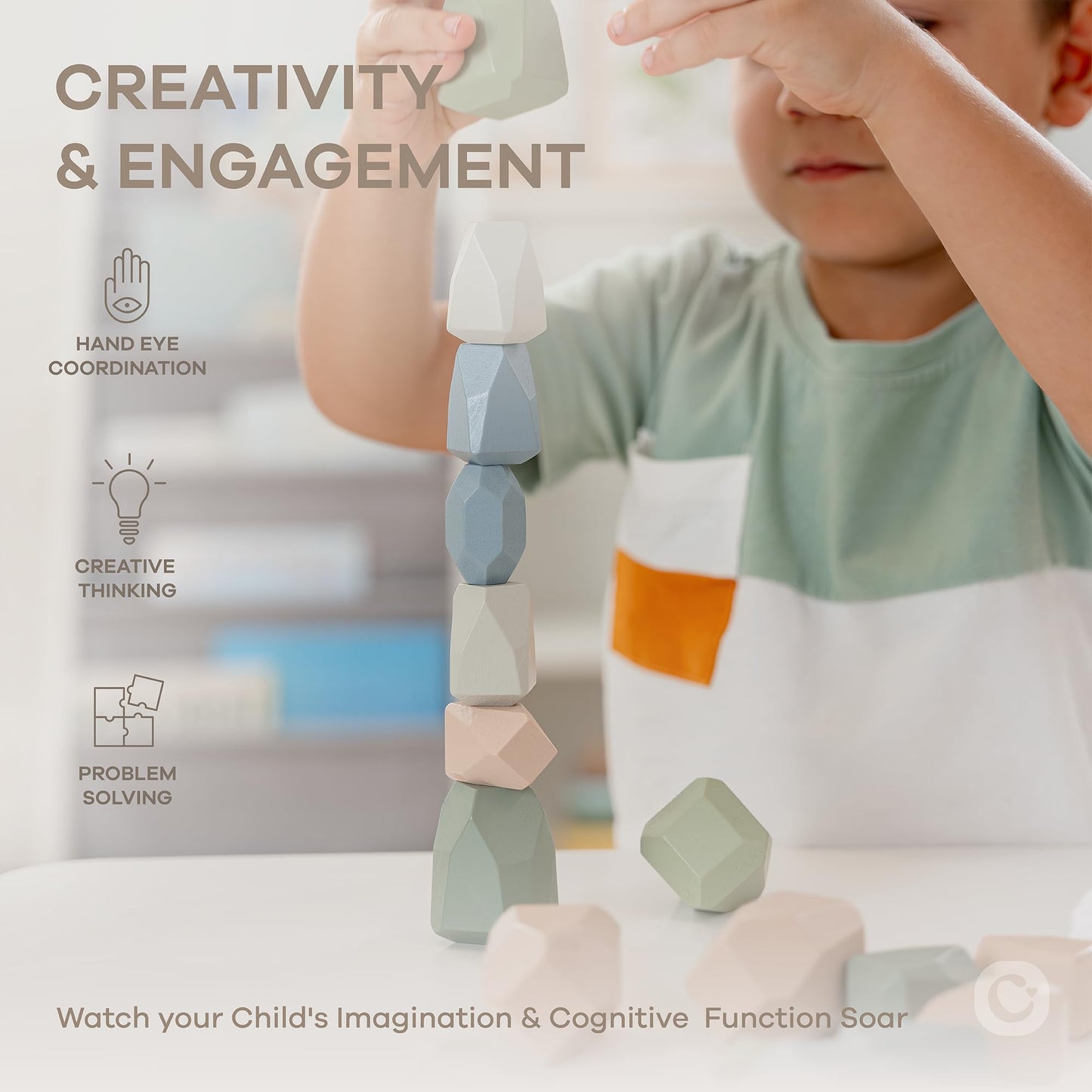 Comfy Cubs 36pcs Wooden Stacking Rocks – Educational Sensory Blocks for Toddlers 36m+, Balance & Fine Motor Skill Development Toy