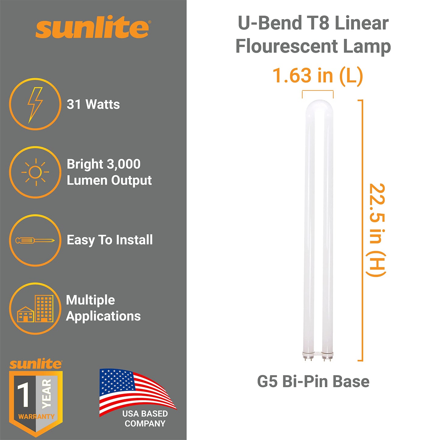 Sunlite 30265 U-Bend T8 Linear Fluorescent Lamp, 31 Watts, 3000 Lumens, FB31/SP830, 3000K Warm White, Miniature G5 Bi-Pin Base, ROHS Compliant