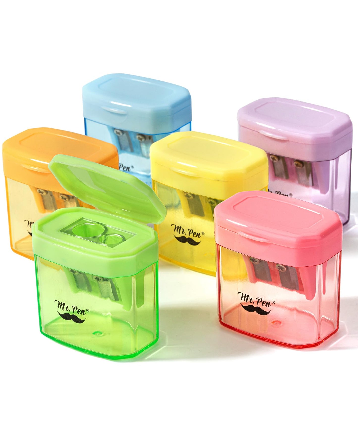 Mr. Pen- Manual Pencil Sharpener, 6 Pack, Colorful, Dual Holes | Compatible with Standard and Jumbo Pencils, Snap-on Lid, Colored Handheld Pencil