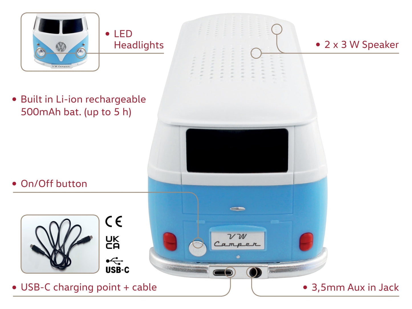 BRISA VW Collection - Volkswagen Portable Bluetooth Speaker Wireless Box with Rechargable Battery T1 Bus Campervan (Scale: 1:20/Classic Bus) (Blue)