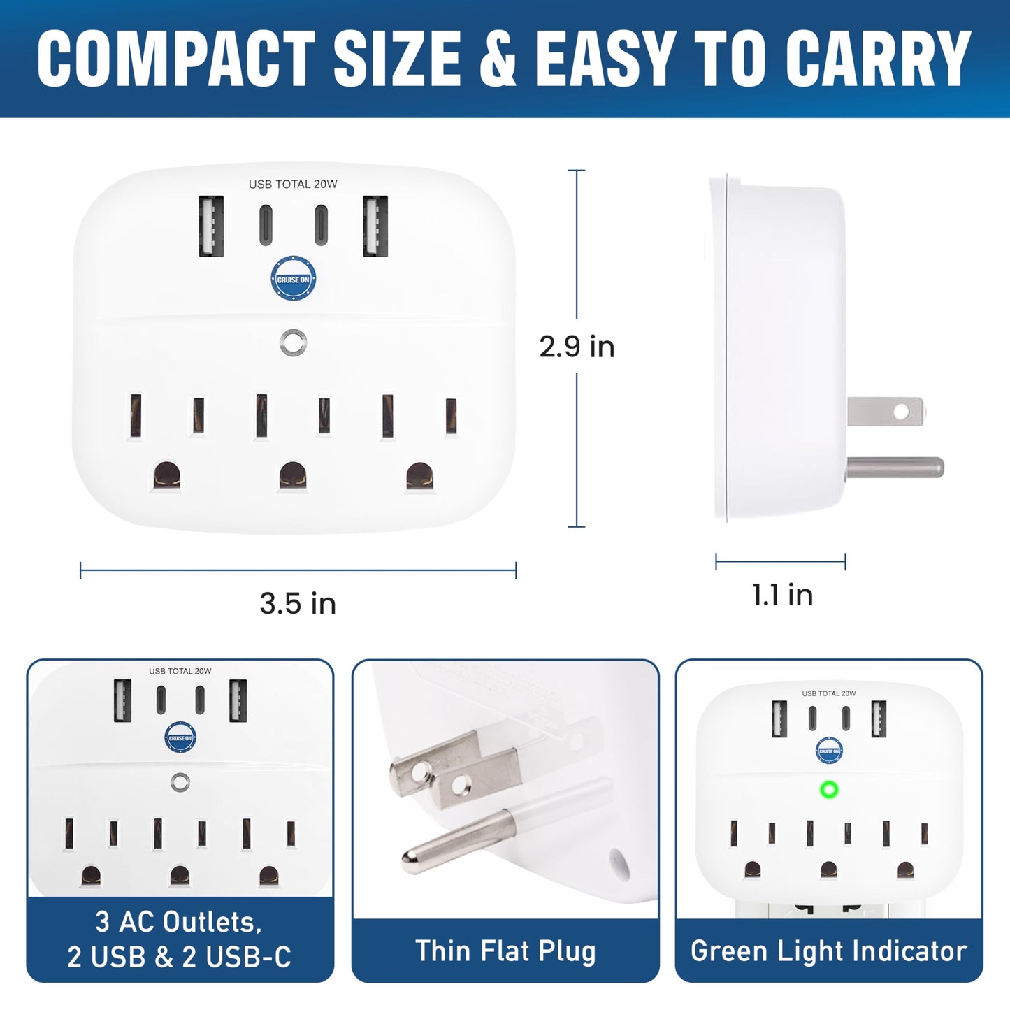 Cruise Approved Non Surge Power Strip [2 USBC, 2 USB, 3 AC] - Cruise Essentials for Carnival, Celebrity, Princess, Norwegian, MSC & Major Cruise Lines