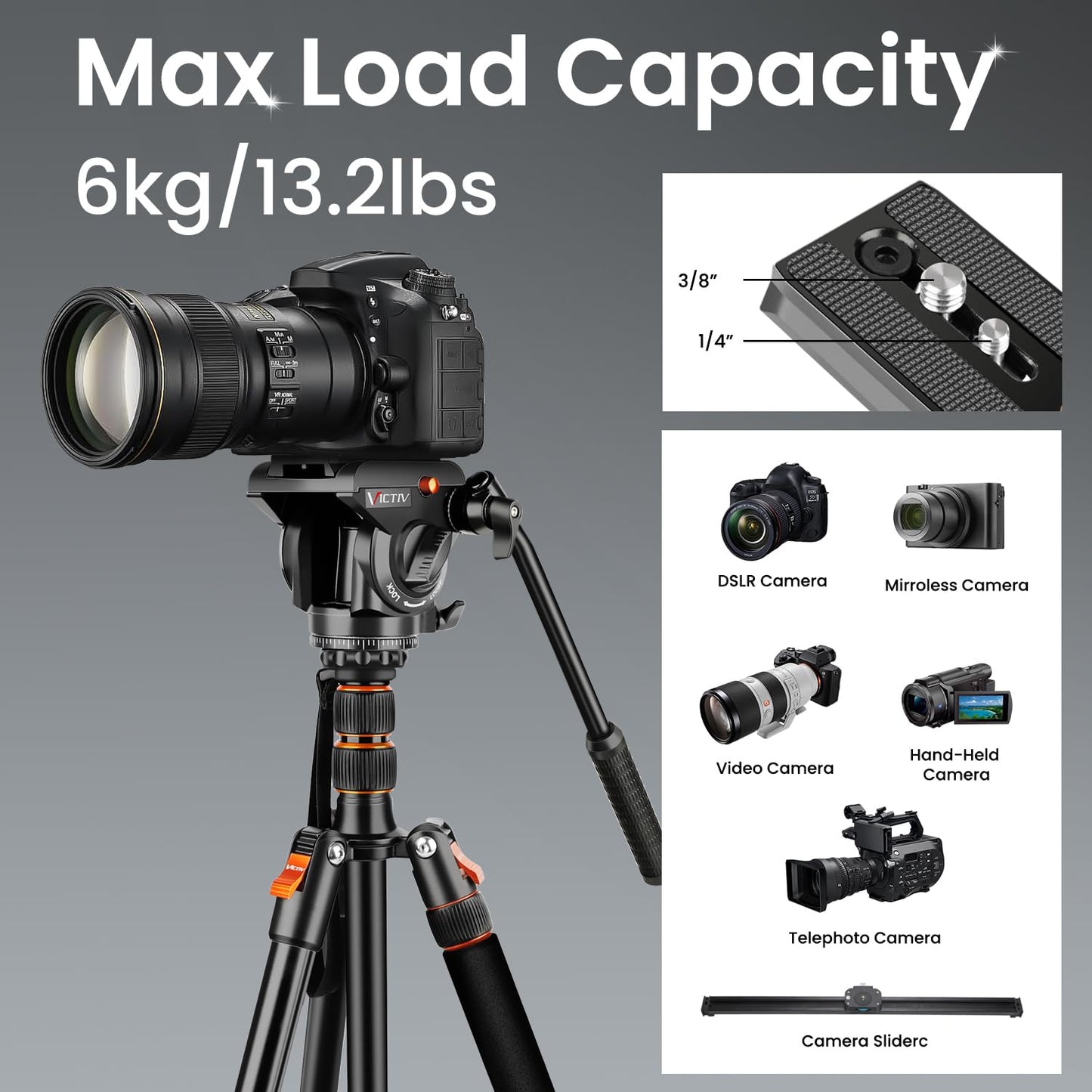 Camera Tripod Stand, 72" Video Tripod with Fluid Head, Heavy Duty Alunimum Professional, 1/4" & 3/8" Screw QR Plate Compatible with Canon Nikon Sony