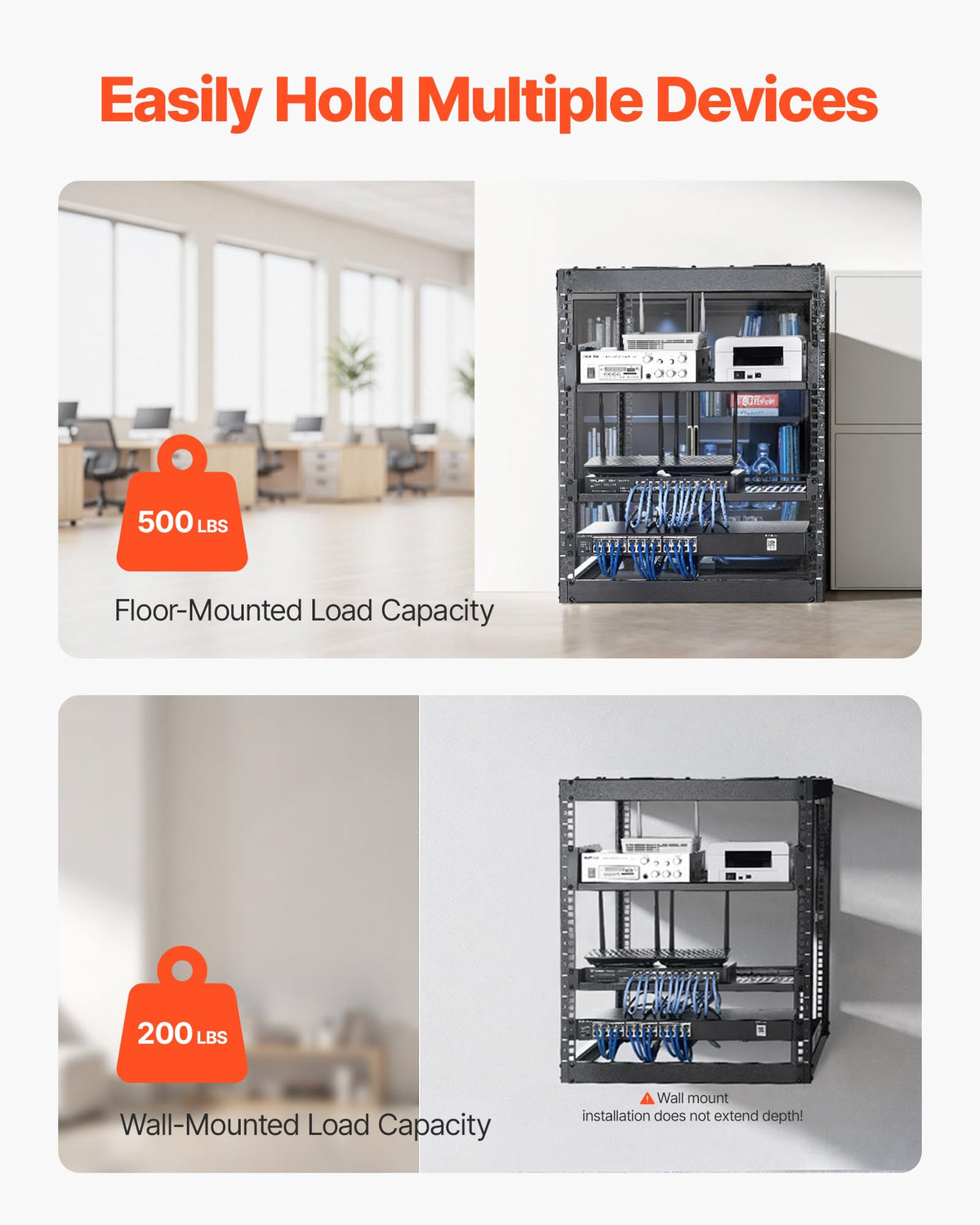 VEVOR 12U Open Frame Network Rack, 23 in Depth, Wall Mounted or Floor Standing Server Rack, Heavy Duty 4 Post, with Vented Shelves & Mounting