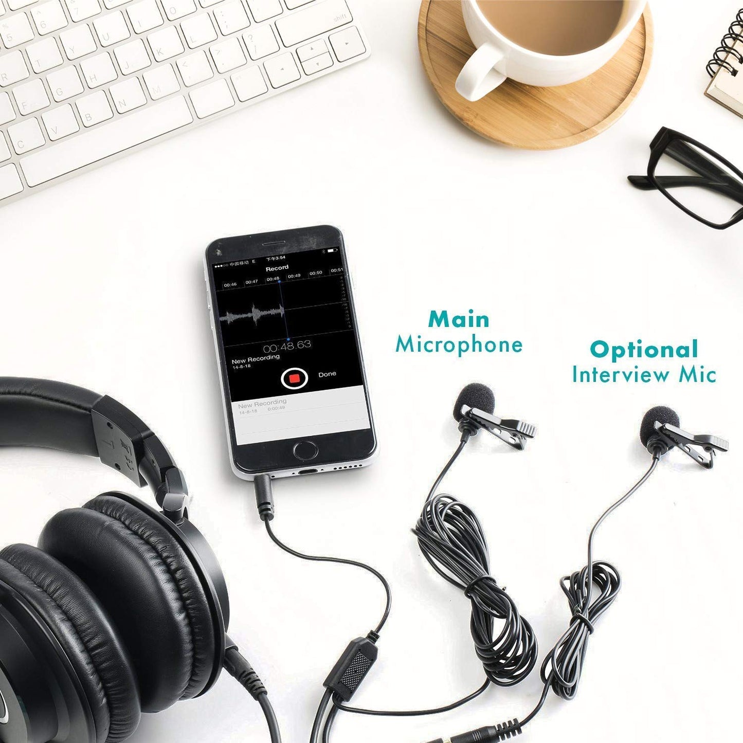 Movo Professional Lavalier Lapel Clip-on Interview Podcast Microphone with Secondary Mic and Headphone Monitoring Input for iPhone, iPad, Samsung