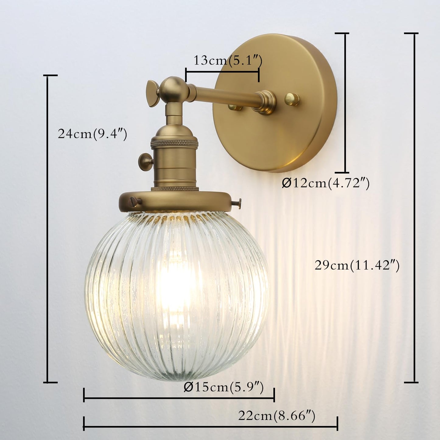 PERMO Vintage Industrial Wall Sconce Lighting Fixture with Mini 5.9" Round Clear Globe Ribbed Glass Shade (Antique Brass Gold)