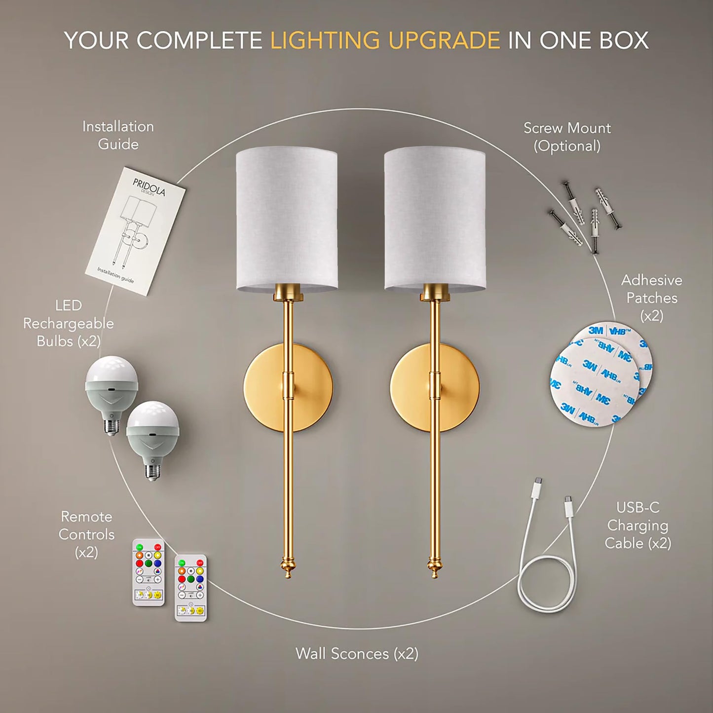 PRIDOLA Set of 2 Wireless Wall Sconces - Stick-On or Screw Mount for Easy Installation with Rechargeable LED Bulbs, Remote Controlled, Adjustable