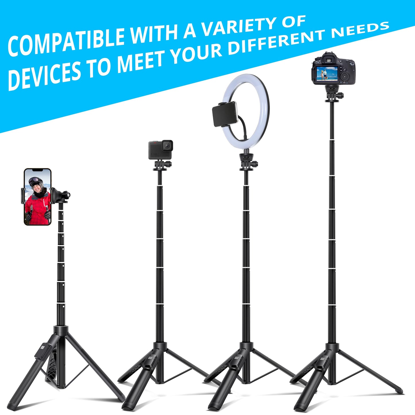 BZE 62 inches Extendable Selfie Stick Tripod with Wireless Remote & Phone Holder, Portable Aluminum Alloy 3 in 1 Stand for Group Photos, Vlogging