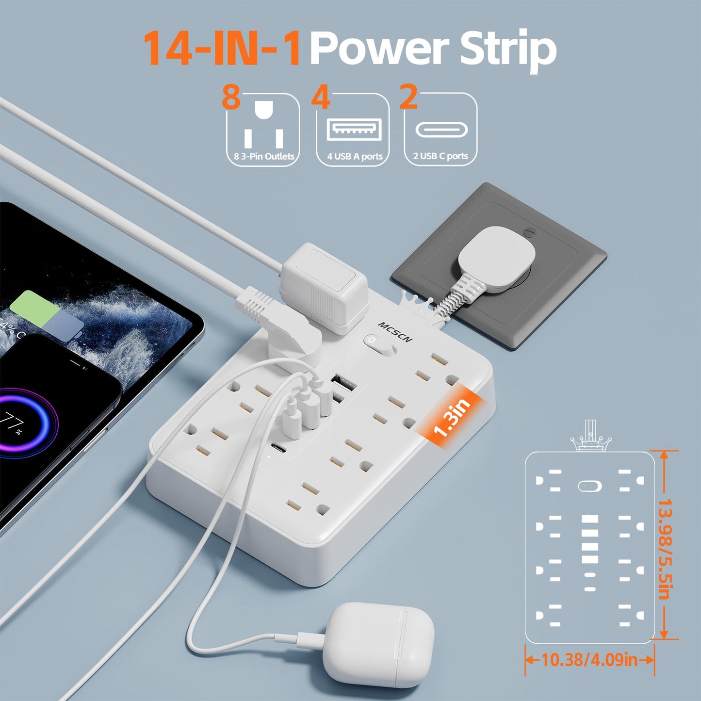 Short Extension Cord 0.082 ft - Flat Plug Small Power Strip Surge Protector with 8 Outlets, 6 USB Charging Ports (2 USB-C), Multi Plug Wall Outlet