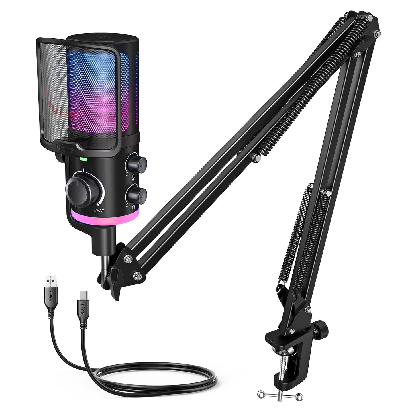 FIFINE USB Streaming Microphone Kit for Gaming, Condenser Mic with RGB, Noise Cancellation, Game/Chat Dial-Plug & Play for PC Twitch/YouTube/Podcast