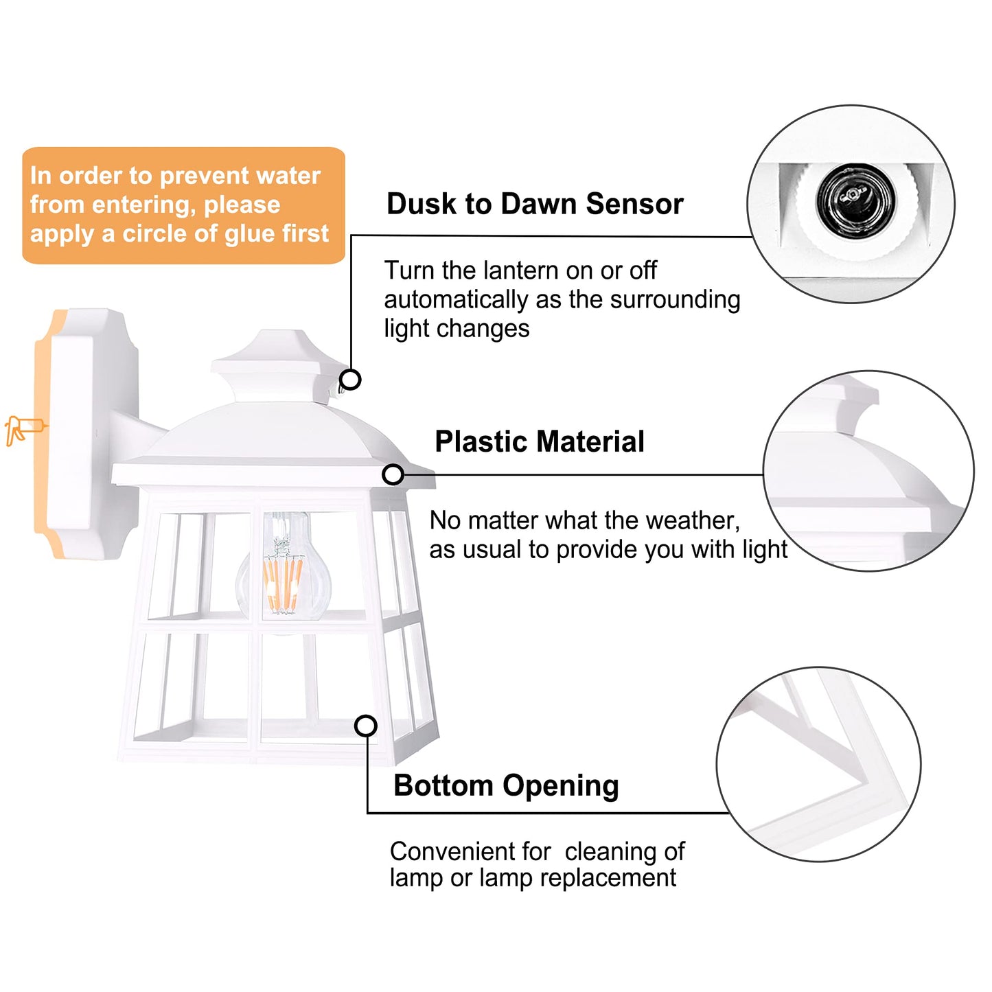 FUDESY Dusk to Dawn LED Outdoor Wall Lantern,White Plastic Photocell Sensor Porch Light with 8W 800LM Edison Filament Bulb,Exterior Wall Mount Light