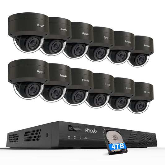 PANOOB 16 Channel Security Camera System, 12PCS 5MP Wired IK10 Vandal Dome PoE Camera Outdoor, Human Detection, Built-in Mic, Remote Access, 4K 16CH