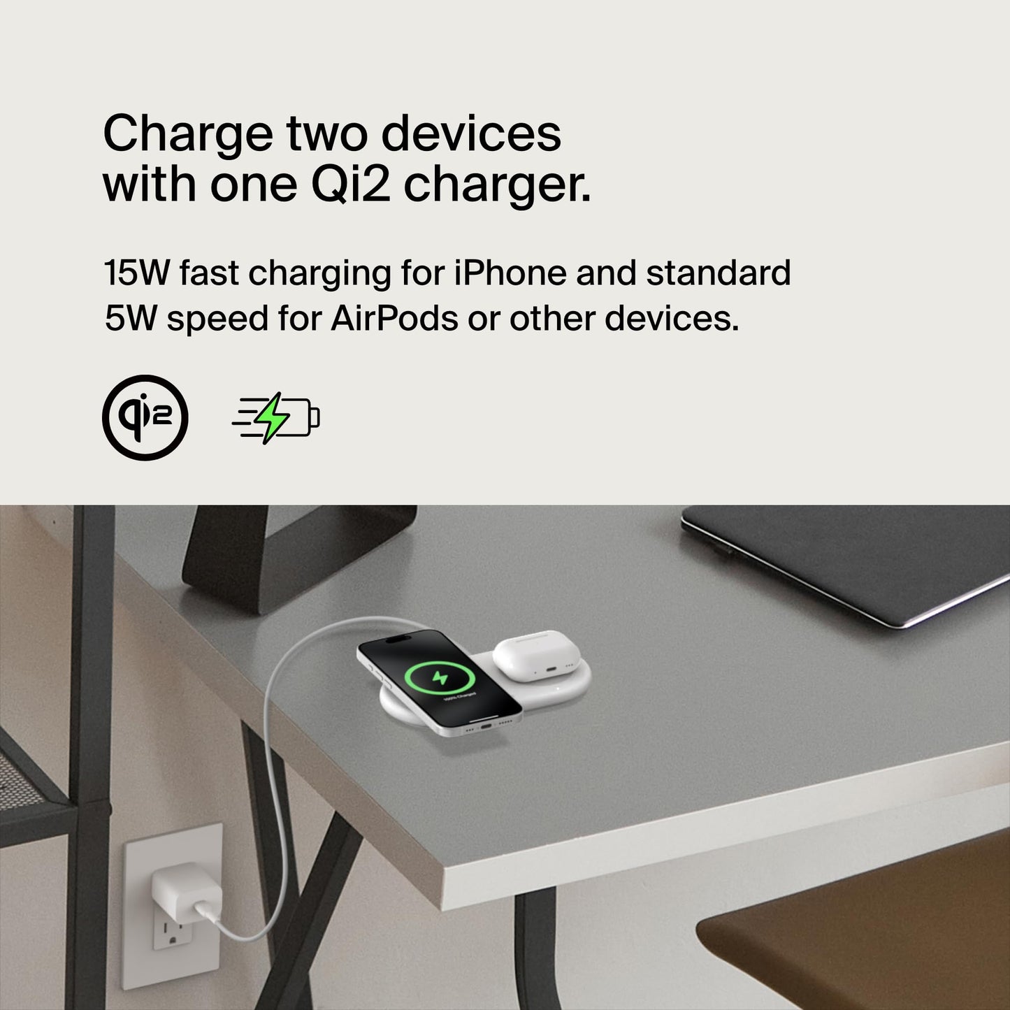 Belkin 2-in-1 Wireless Charging Pad w/ Qi2 15W + Additional USB-C Port - MagSafe-Compatible Charger, Charging Station for iPhone 16 & 15 Series