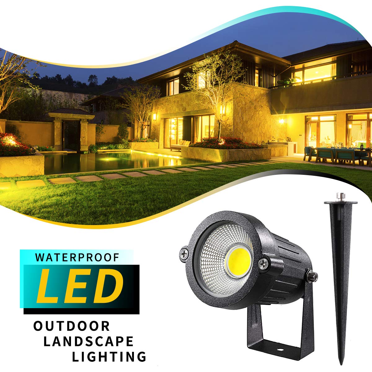 LEACOCO LED Landscape Lights,5W 120V AC Outdoor Pathway Garden Yard Spotlight,IP65 Waterproof Garden Flood Light,Outdoor Spotlight with Stake,UL Cord