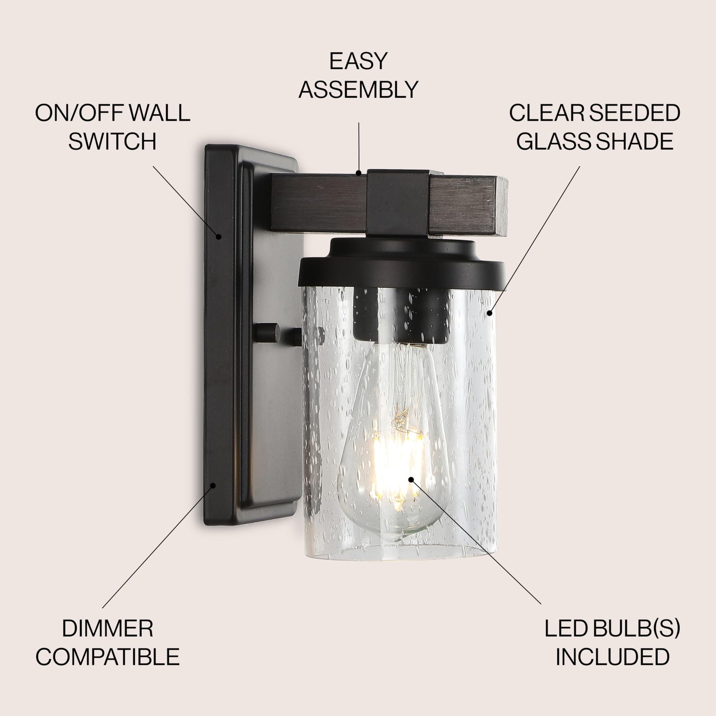 JONATHAN Y 4.5" Oil Rubbed Bronze LED Vanity Light, Rustic Farmhouse Sconce, Clear Seeded Glass Shade, Industrial Wall Lamp for Bathroom Mirror