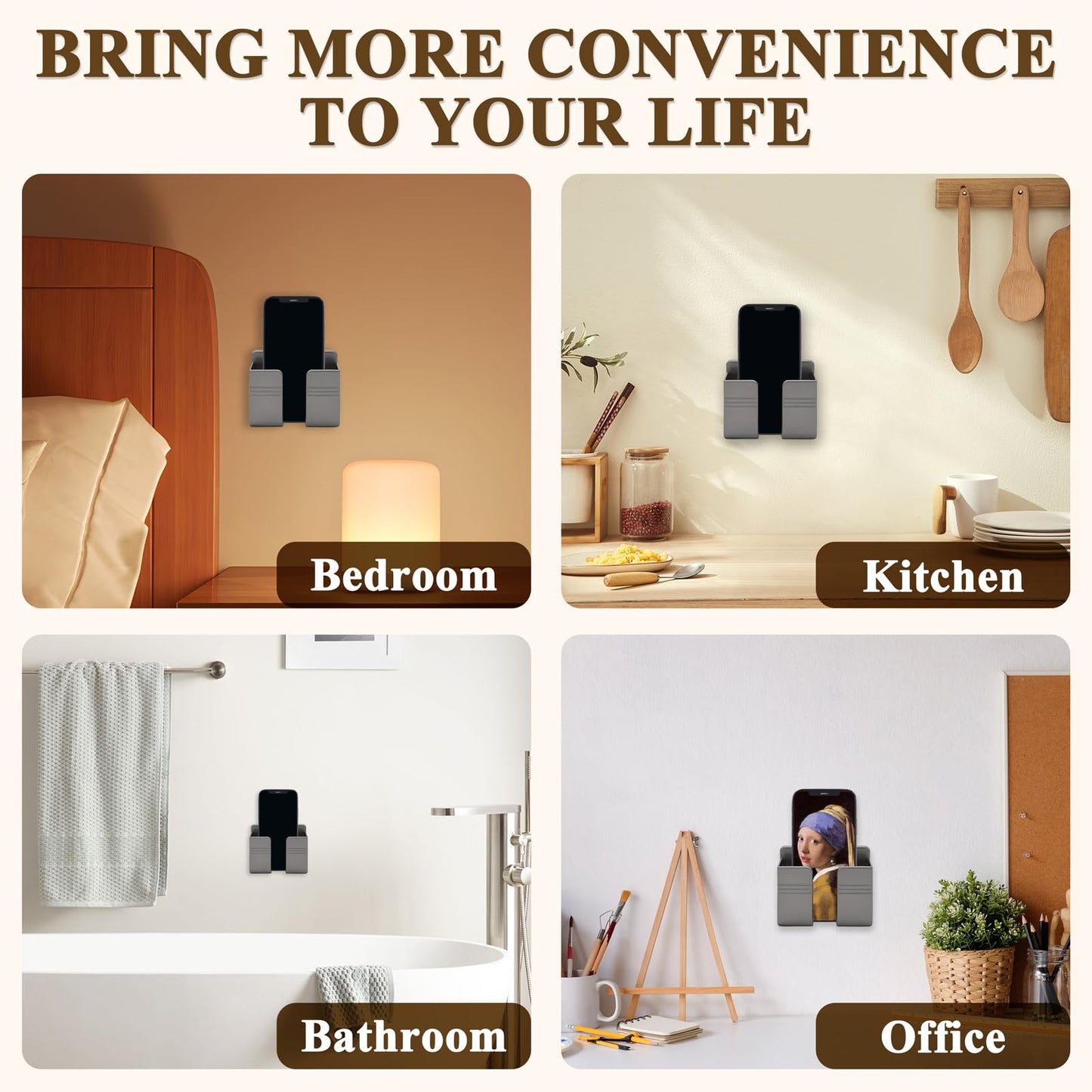 GrliTra 2 Pcs Wall Mount Phone Holder with 3M Adhesive Phone Stand with Data Cable Receiving Hole, Charger Remote Control Storage Box for Bedroom