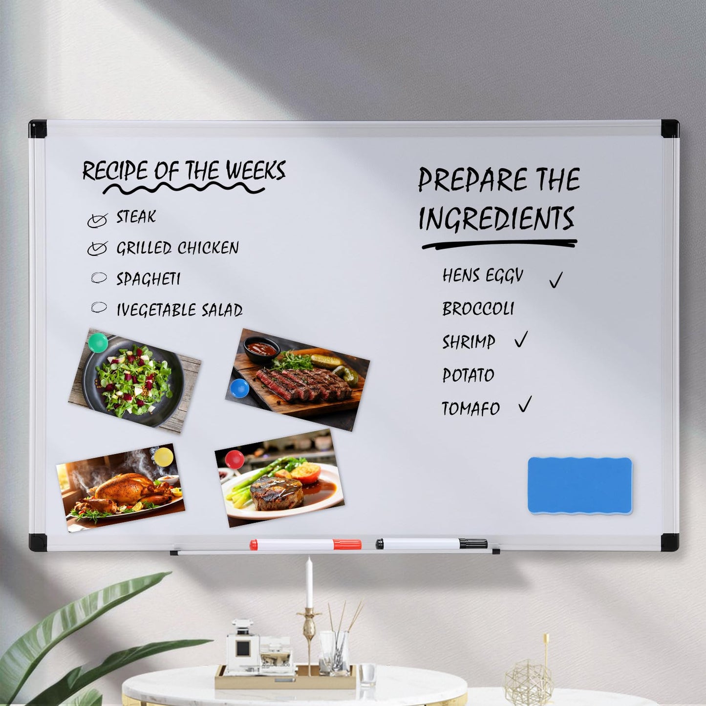 OLIXIS Magnetic White Board, Dry Erase Board for Wall 36" x 24", Whiteboard with 1 Dry Eraser & 2 Multicolor Markers & 4 Magnetic Pins, Aluminium