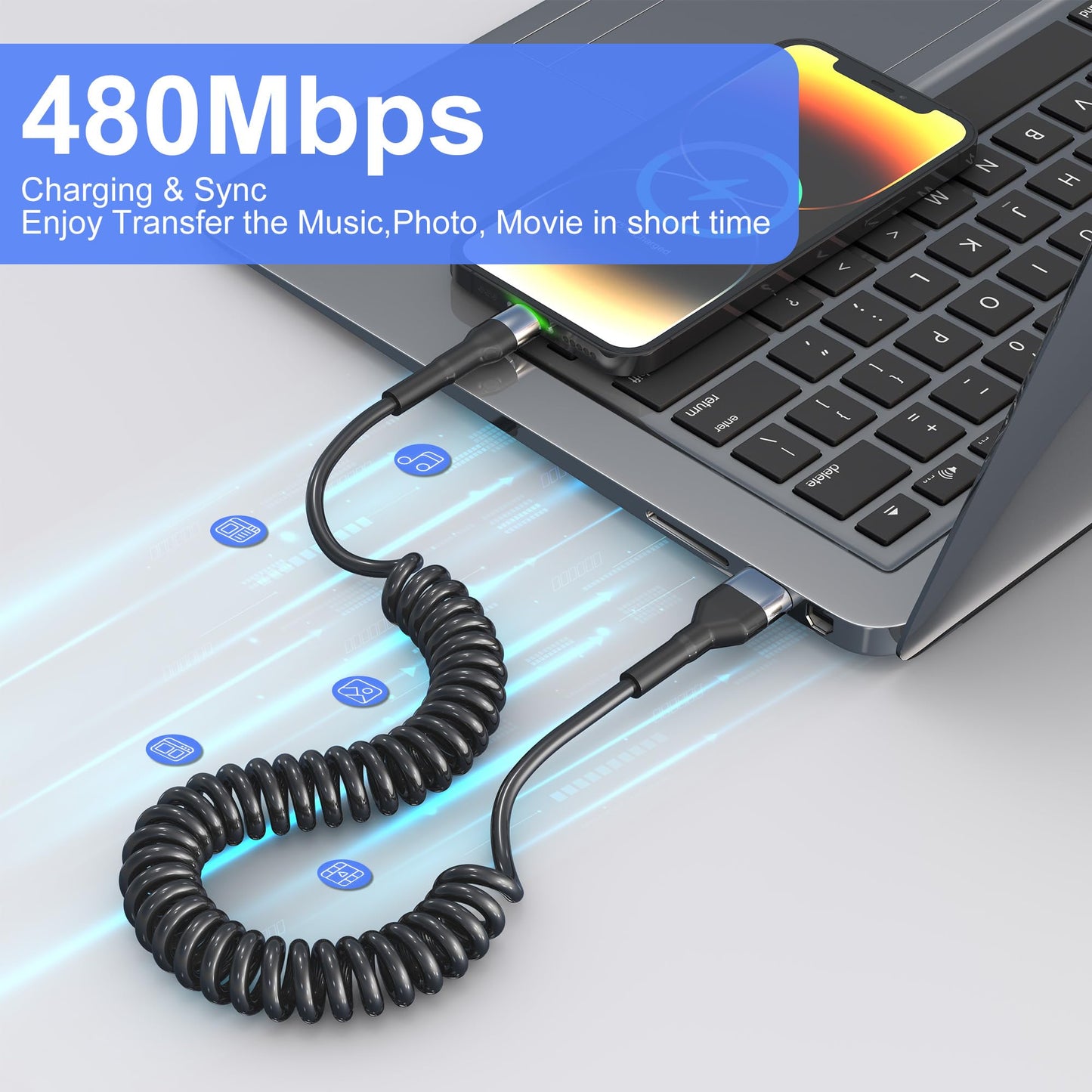 Coiled USB Lightning Cable 2 Pack Apple Carplay[MFi Certified], Coiled USB to Lightning Cable with Data Transmission and LED for Car, Retractable…
