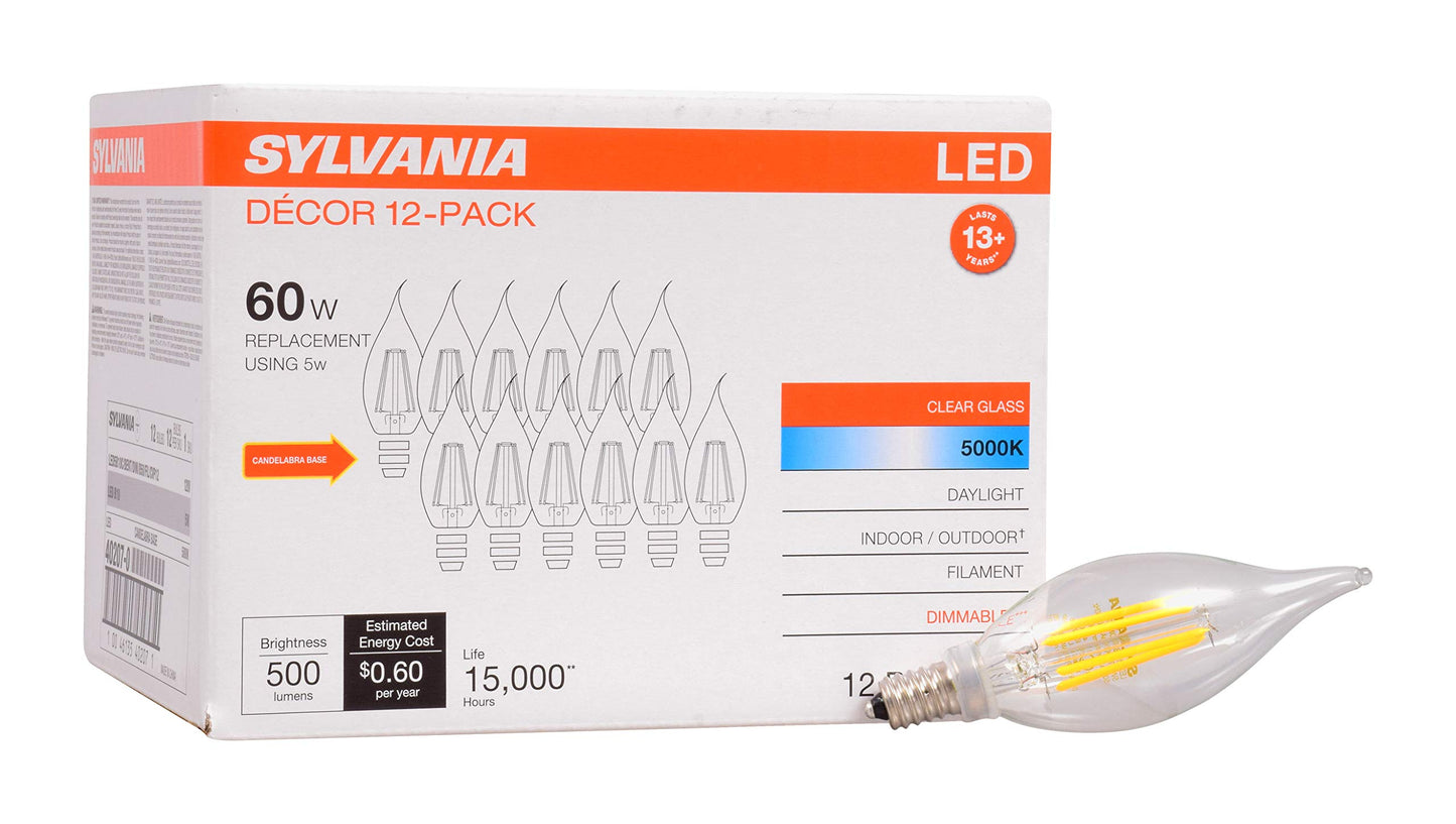 Sylvania LED B10 Chandelier Light Bulb, 60W Equivalent Efficient 5W, Dimmable, Candelabra Base, Clear, 5000K, Daylight - 12 Pack (40207)
