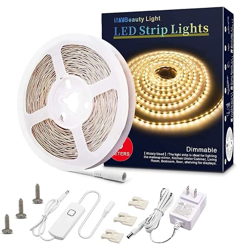 MY BEAUTY LIGHT LED Strip Lights Warm White, 16.4ft Dimmable LED Light Strip,12v Flexible LED Rope Lights Kits for Kitchen Cabinet Bedroom Party Decor