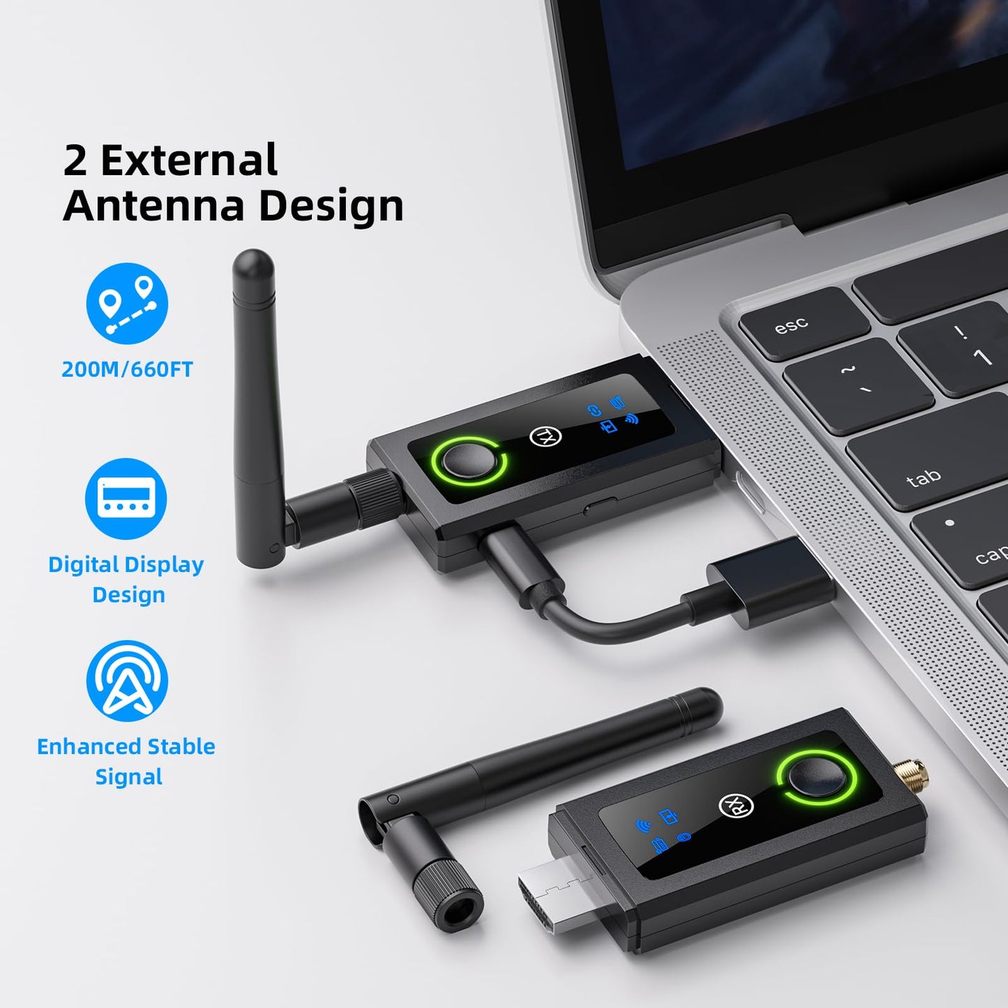 KCEVE Wireless HDMI Transmitter and Receiver 200M/660FT, 5G / 4K Decoding Wireless HDMI Extender Kit with KVM Function USB Mouse/Keyboard Port and 2