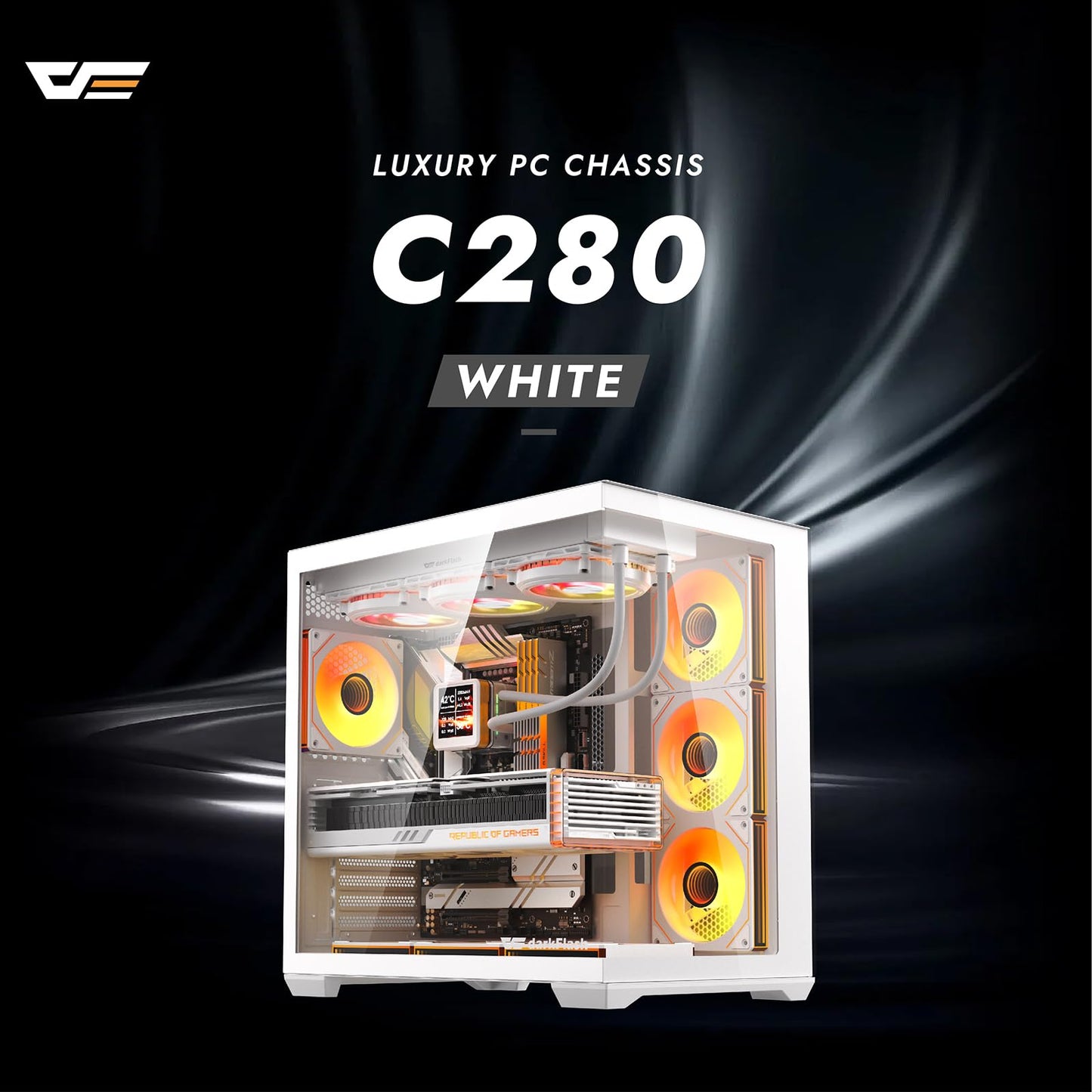 darkFlash C280 E-ATX Full-Tower PC Gaming Case, 7×ARGB Fans Included, 270° Tempered Glass,Reverse Connection Motherboard Compatible, Supports RTX 5090
