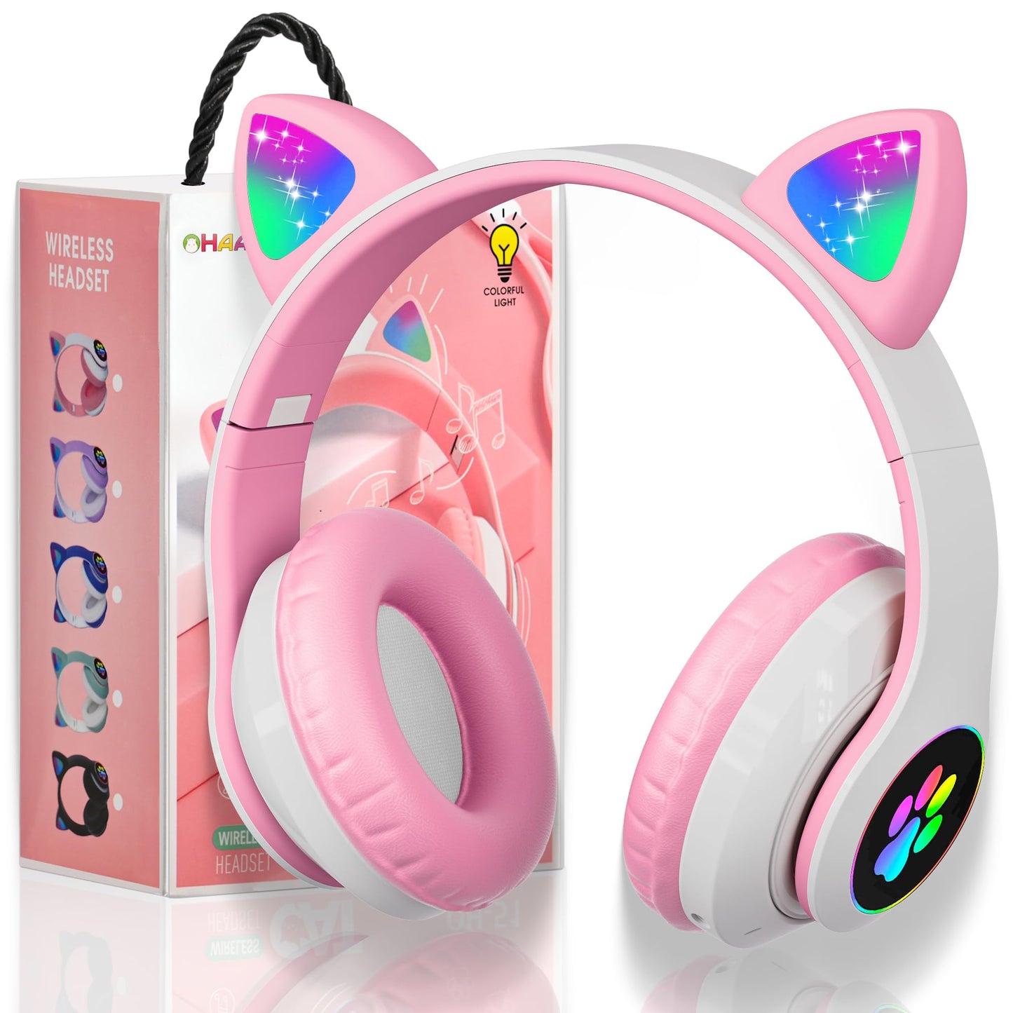 KERHAND Bluetooth Noise Cancelling Headphones for Kids,Foldable Cat Headphone with LED Light Up Ear,Cat Ear Headphones for Toddler with Microphone/TF