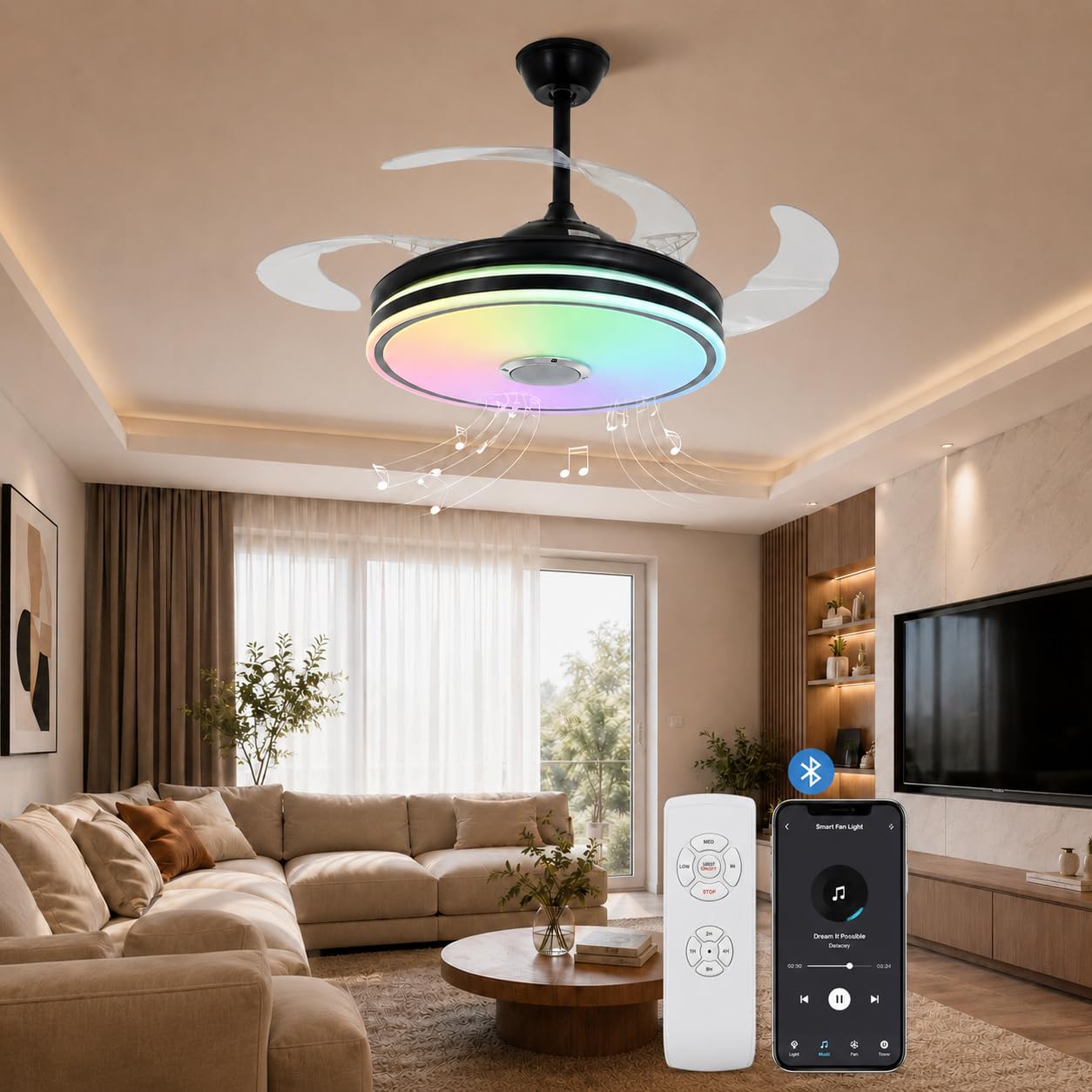 RuiWing Home 42 inch Bluetooth Ceiling Fan with Light and Speaker
