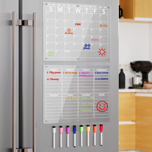 Neatsure Acrylic Magnetic Dry Erase Board Calendar for Fridge, Clear Monthly and Weekly Planner Whiteboard for Refrigerator, w/ 8 Colors Markers