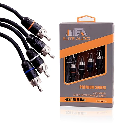 Elite Audio Premium Series 17ft. 4-Channel Car Audio RCA Cable - Double Shielded, Oxygen Free Copper, Noise Reducing Audio Cable for Amplifiers