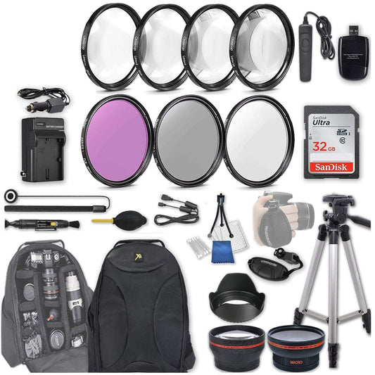 58mm 28 Pc Accessory Kit for Canon EOS Rebel SL2, 200D DSLR with 0.43x Wide Angle Lens, 2.2X Telephoto Lens, 32GB SD, Filter & Macro Kits, Backpack