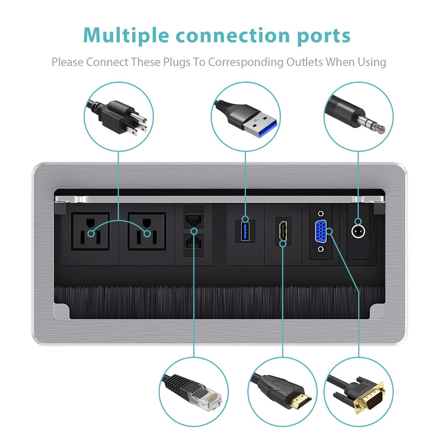 WEBANG Recessed Connectivity Box Outlet for Conference Room Table with 2AC Receptacle,2RJ45, 1USB3.0, 1HDMI, 1 VGA, 13.5mm Audio, Silver Color
