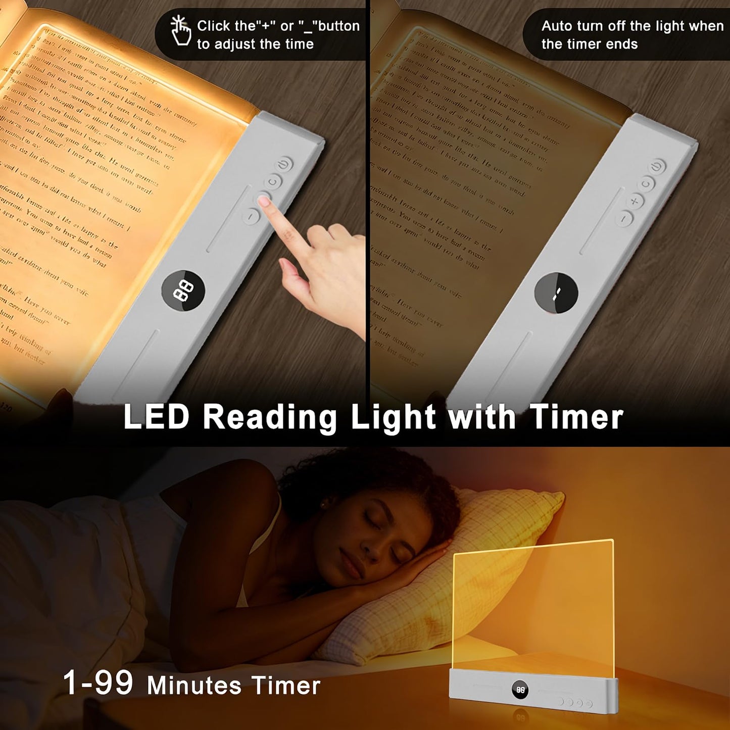LED Book Light and Night Light 2 in 1,Rechargeable Clear Flat Panel Reading Lamp with 3 Color Temperatures, Dimmable & Timer, Full Page Illumination