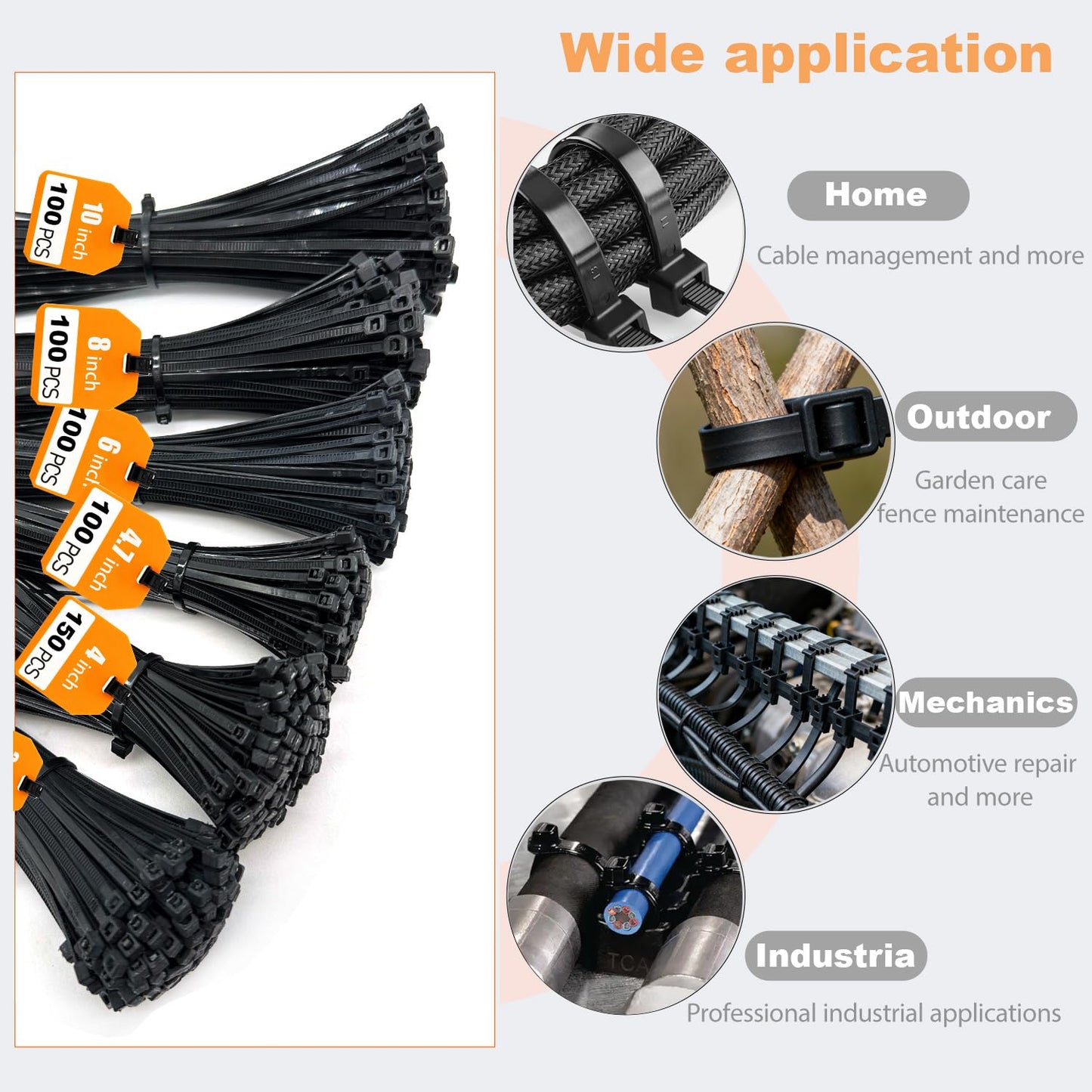 700 Pcs Cable Ties,6 Size 3.2/4/4.7/6/8/10 Inch Black Nylon Electrical Zip Ties,Zipties Assorted Sizes for Home Office,Gardening,Electronics,Cable
