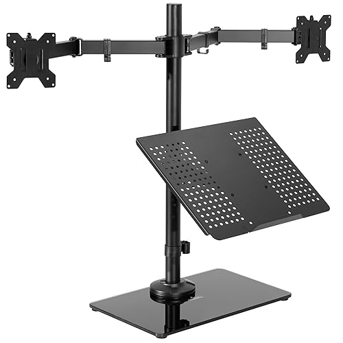 VIVO Freestanding Dual Computer Monitor and Laptop Combo Desk Stand with Glass Base, Fits up to 32 inch Monitors and 17 inch Laptops, Black