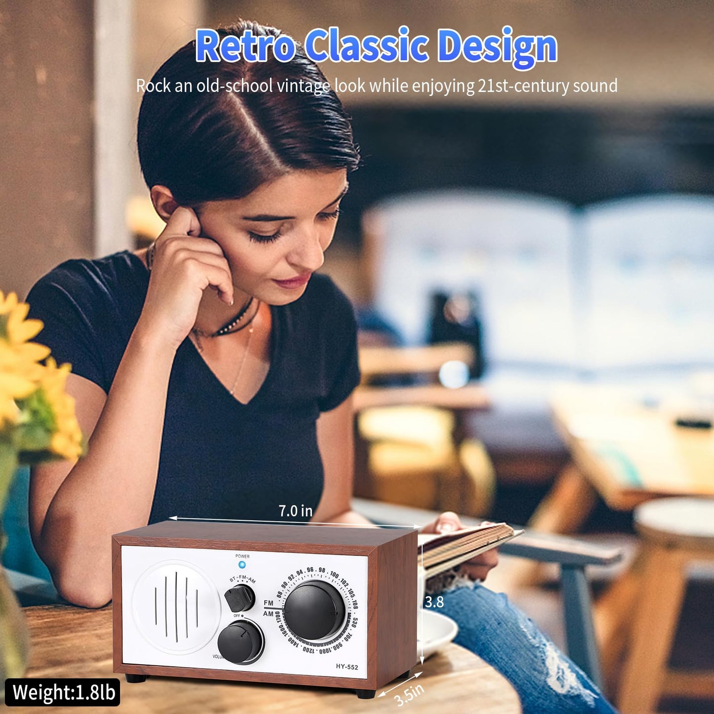 Vintage Wood AM FM Bluetooth Speaker Radio Plug in Wall, Elegant and Retro Design, Old Fashion Radio Bluetooth Speaker with Aux in, Headphone Jack