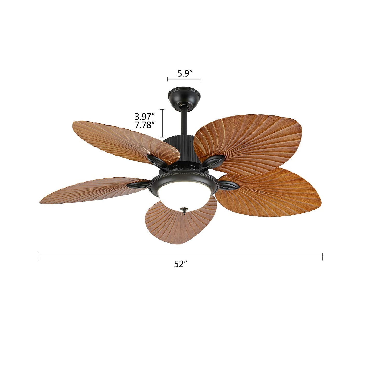 52 Inch Tropical Ceiling Fan with Light and Remote Control, 5 Palm Leaf Blades, Dimmable LED Light, Farmhouse Ceiling Fan Light Fixture for Indoor