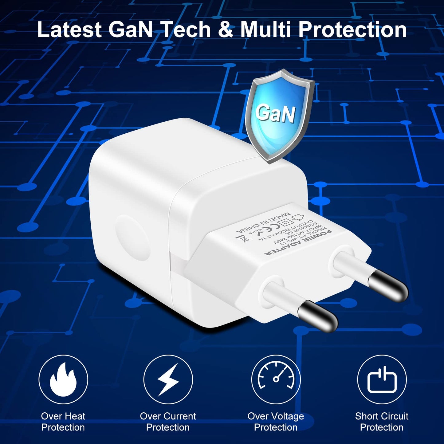 European Travel Plug Adapter Charger for iPhone Samsung Android Phone,International Power Adaptor with 2 Charger Port USB, EU Wall Charging Block