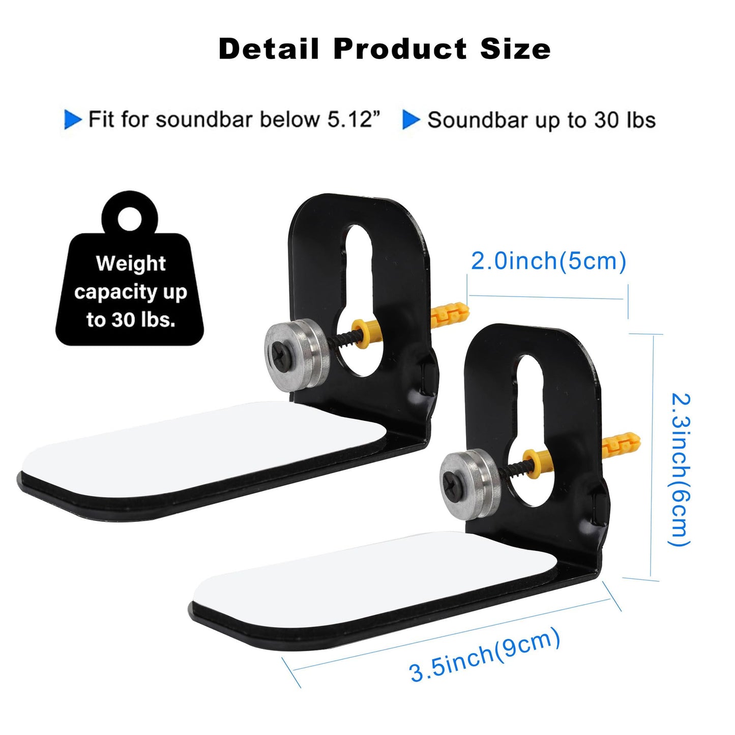 Universal Soundbar Wall Mount Bracket Kit, Heavy Duty Metal, 20-30 Lbs Capacity, Low Profile, Fits Most Sound Bars Under 5.12" Compatible