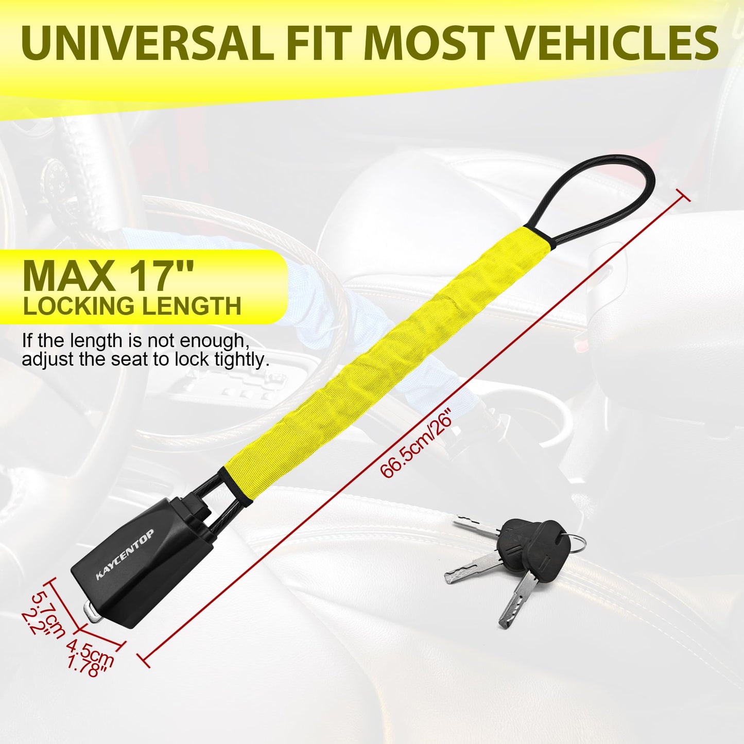 KAYCENTOP Car Steering Wheel Lock, Seat Belt Lock, Anti-Theft Device, Max 17 Inch Length, Small and Light-Weight, Multi-Functional, Fit Most Vehicle
