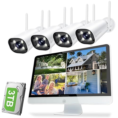 Cromorc Wireless Security Camera System with 16" Monitor Motion Detection Night Vision 2-Way Audio 4 Indoor Outdoor 5MP Camera Expandable 16CH NVR