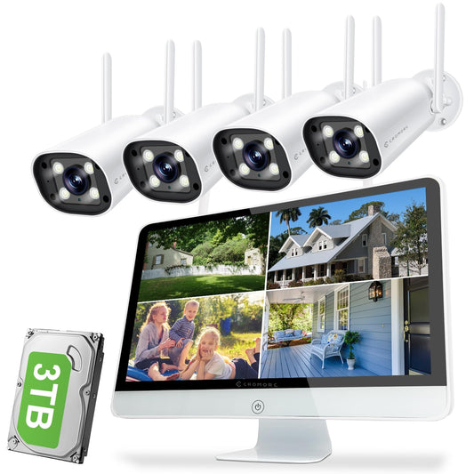 Cromorc Wireless Security Camera System with 16" Monitor Motion Detection Night Vision 2-Way Audio 4 Indoor Outdoor 5MP Camera Expandable 16CH NVR