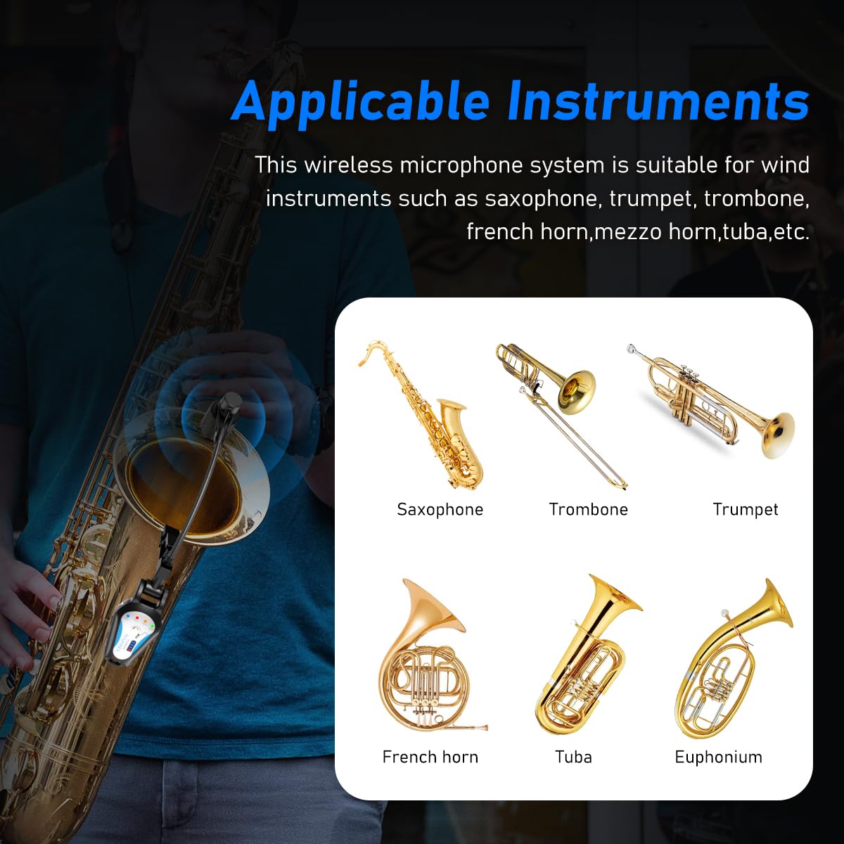 KIMAFUN 2.4G Wireless Saxophone Microphone, Clip-on Instrument Microphone, 100ft Range, Plug and Play, Wireless Transmitter & Receiver for Saxophone