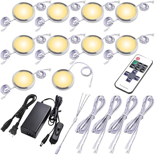 Lvyinyin Round LED Puck Lights, Liquor Under Cabinet Accent Light Kit, 110 Volt Hard Wire & Plug in, Daisy Chain Linkable, Wireless RF Remote Control