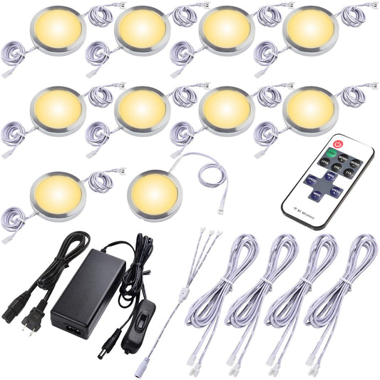 Lvyinyin Round LED Puck Lights, Liquor Under Cabinet Accent Light Kit, 110 Volt Hard Wire & Plug in, Daisy Chain Linkable, Wireless RF Remote Control