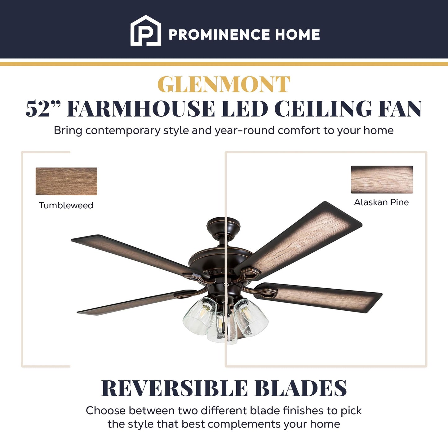 Prominence Home Glenmont, 52 Inch Farmhouse LED Ceiling Fan with Light, Pull Chain, Three Mounting Options, Dual Finish Blades, Reversible Motor
