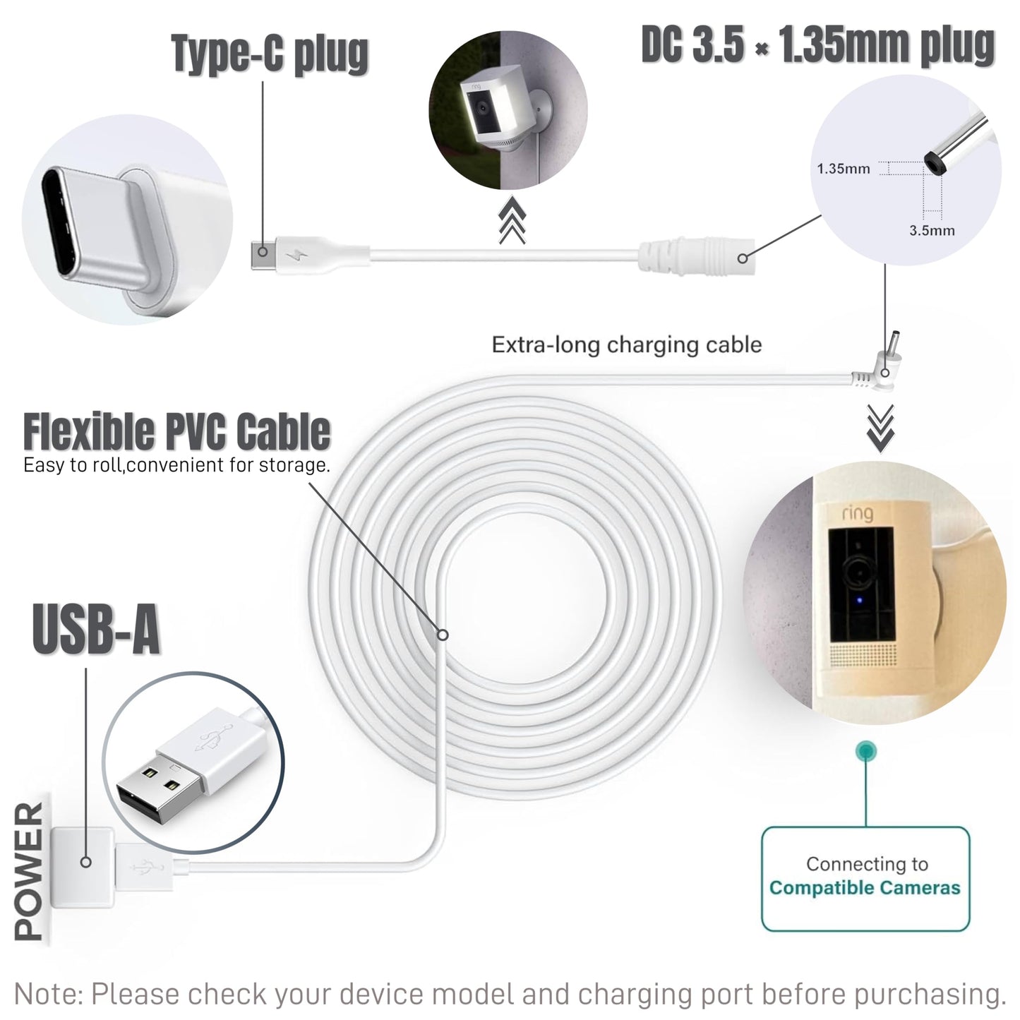 Qnanw 2-Pack Power Adapter Charger Cable Compatible with Ring Stick Up Cam Battery/Plug-in 3rd Gen/2nd Gen & Ring Pan Tilt Stick Up Camera