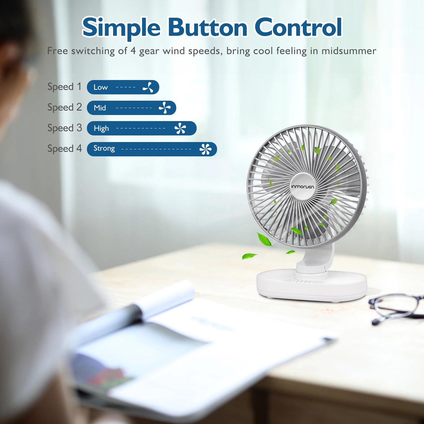 CONBOLA Small Desk Fan for Bedroom, 4000mAh Battery Powered Rechargeable Fan, 90° Vertical Manual and 120° Oscillating, 4 Speeds Air Circulator Fan